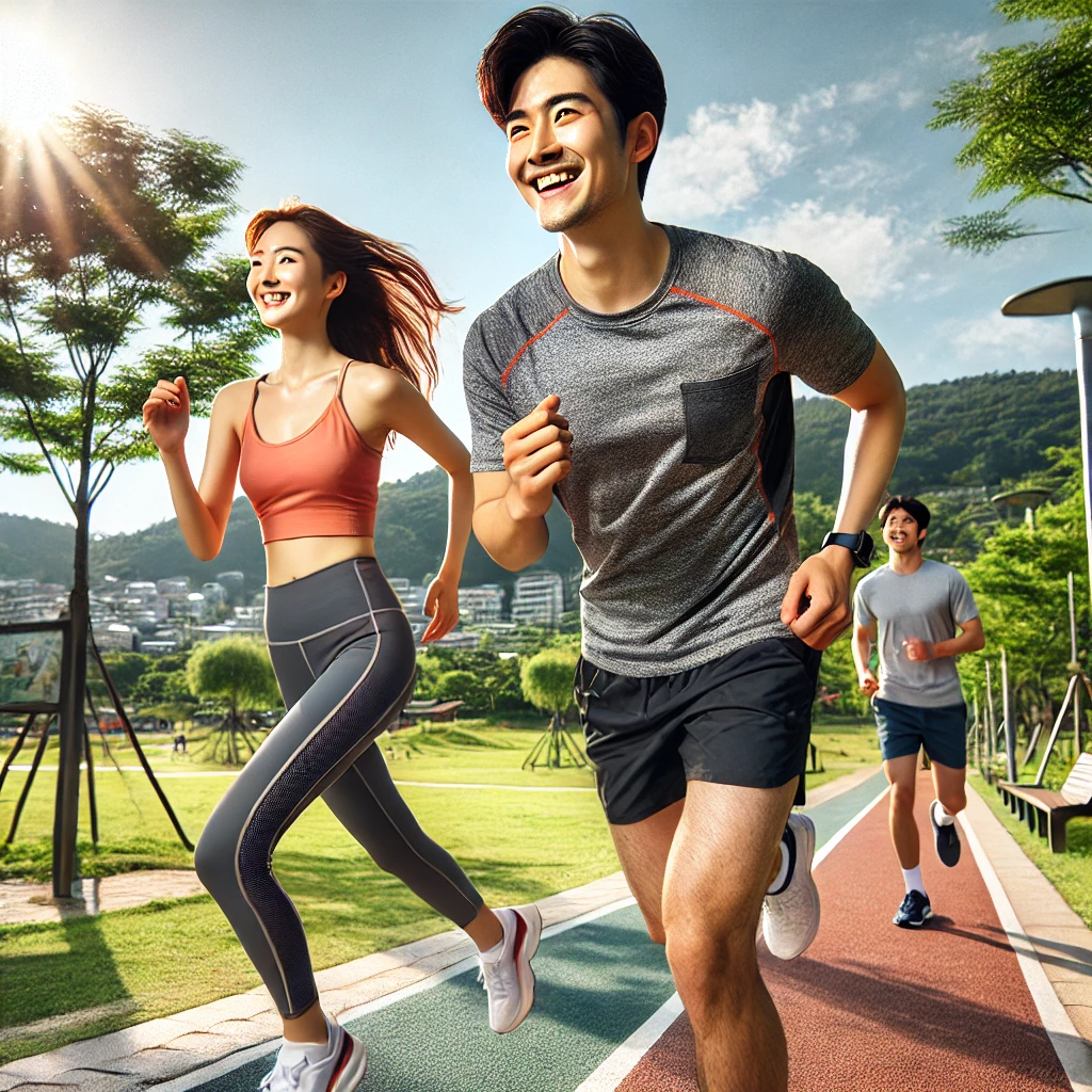 A group of young adults in their 20s, a man and a woman, running outdoors in a scenic park in South Korea. The man is wearing athletic shorts and a T-shirt, and the woman is wearing leggings and a tank top. Both are smiling and appear energetic, with vibrant green trees and a clear blue sky in the background. The environment includes paved running trails and occasional park benches. The atmosphere is dynamic and full of movement, highlighting their activity and fitness. Include details of Korean facial features and cultural elements such as a subtle hint of a Korean park setting.
