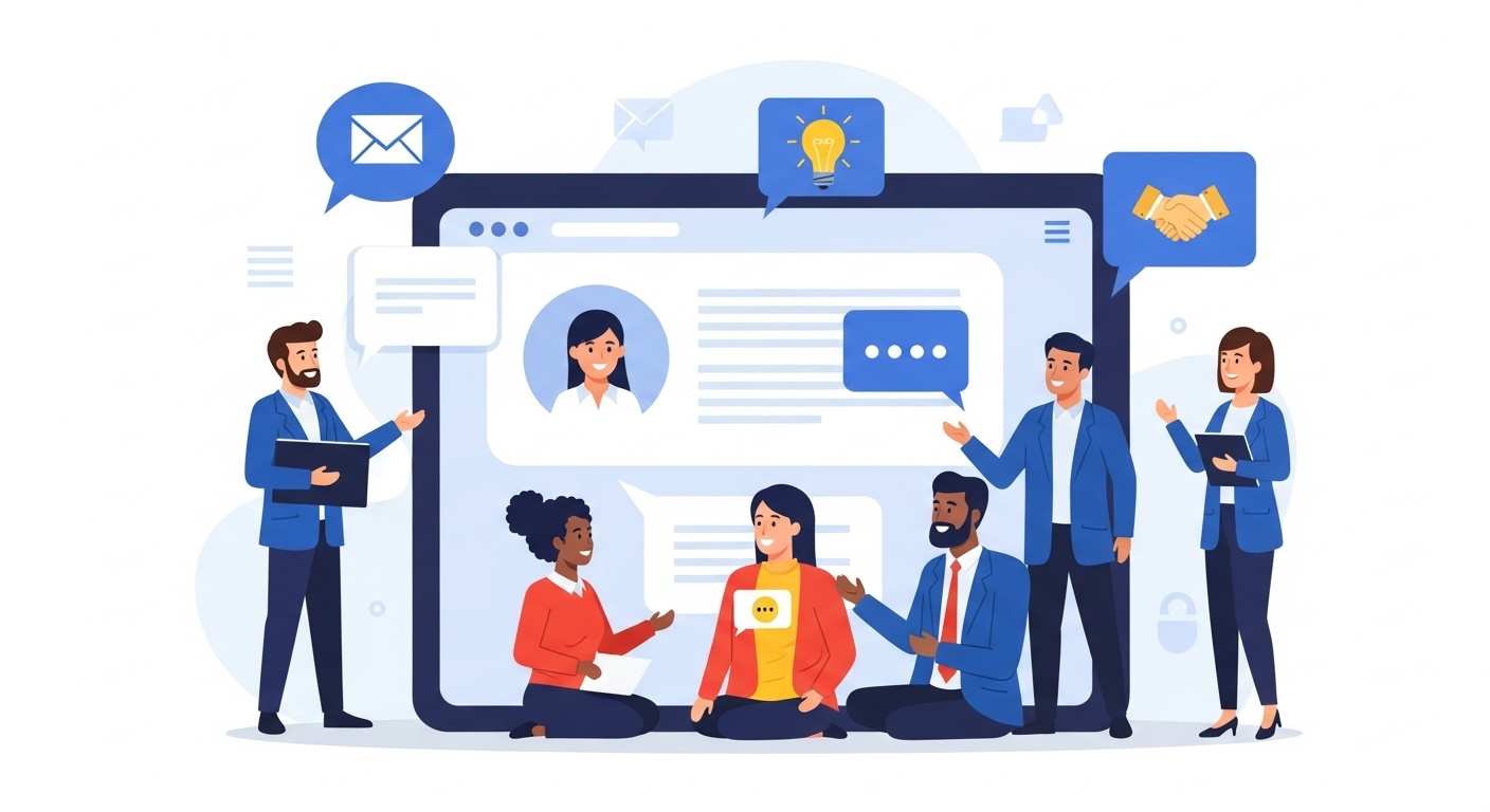 다양한 소상공인들이 온라인 커뮤니티에서 활발하게 소통하며 아이디어를 공유하고 협력하는 모습.