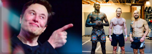 일론 머스크 삿대질 하며 웃는 표정. 마크 저커버그 운동후 기념사진.