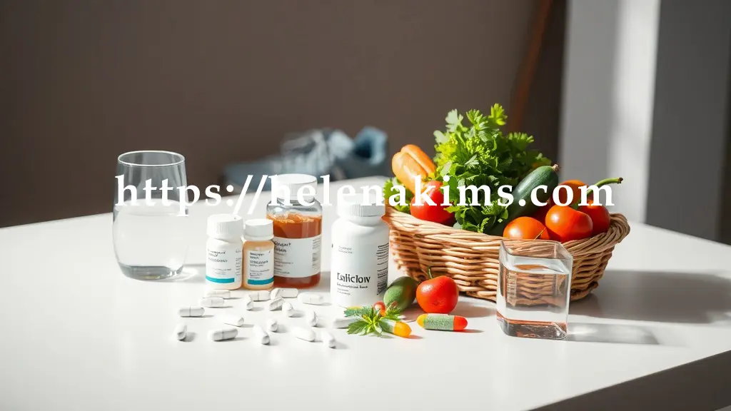 밝고 깔끔한 흰색 테이블 위, 정돈된 약병과 알약이 가지런히 놓여있다. 그 옆으로는 신선한 채소와 과일이 담긴 작은 바구니, 그리고 깨끗한 물 한 잔이 놓여 있는 이미지.