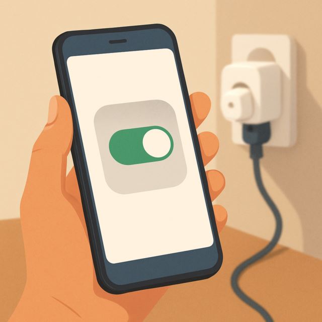 스마트폰 화면에 스마트 플러그 제어 앱 인터페이스가 펼쳐져 있는 손의 클로즈업 이미지