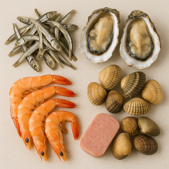 멸치, 굴, 새우, 조개, 햄 사진