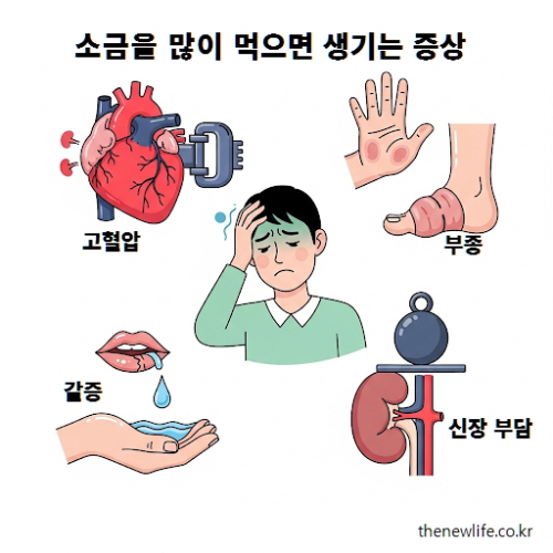 소금 과다섭취로 생기는 증상 인포그래픽 – 고혈압, 부종, 갈증, 신장 부담 등 시각적으로 표현된 이미지