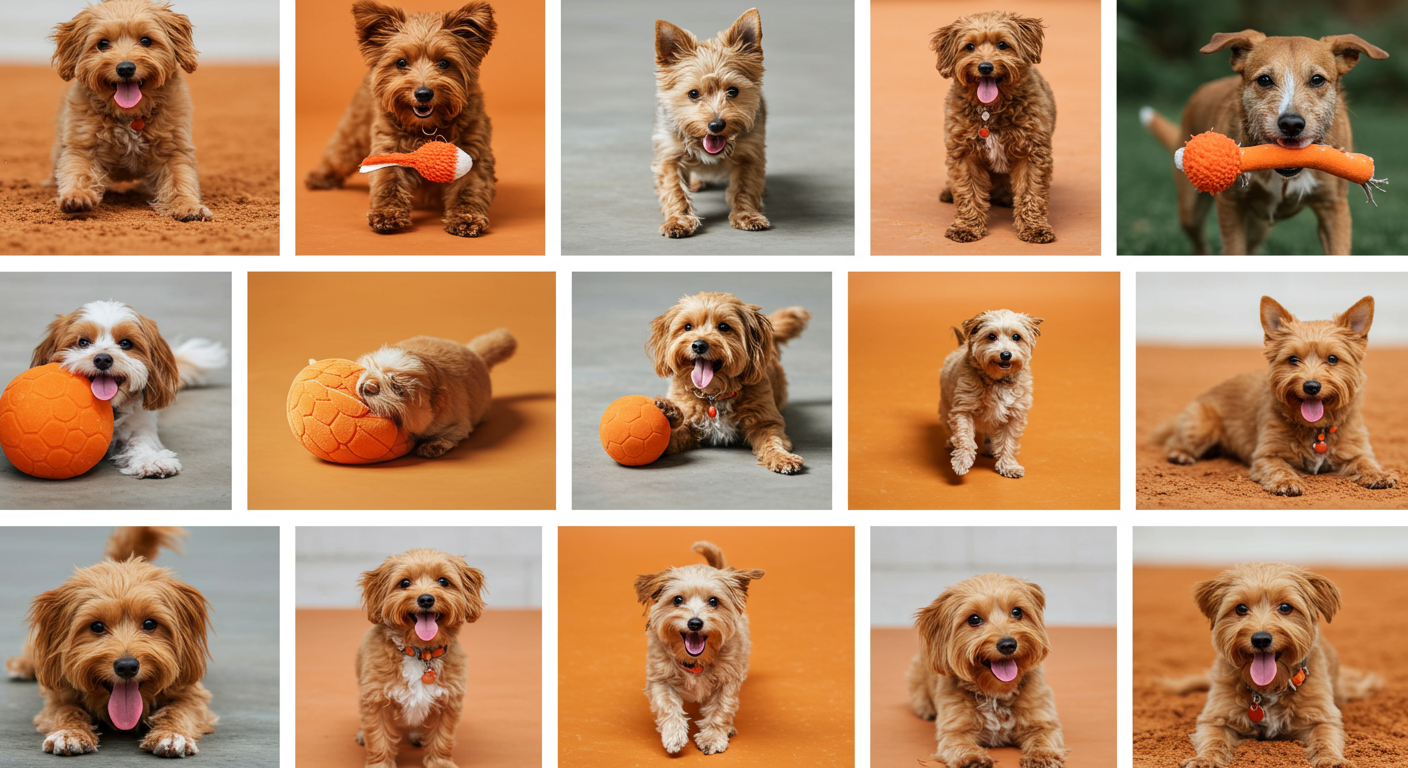 collage of dog photos in different poses: sitting, running, playing with toys, varied compositions