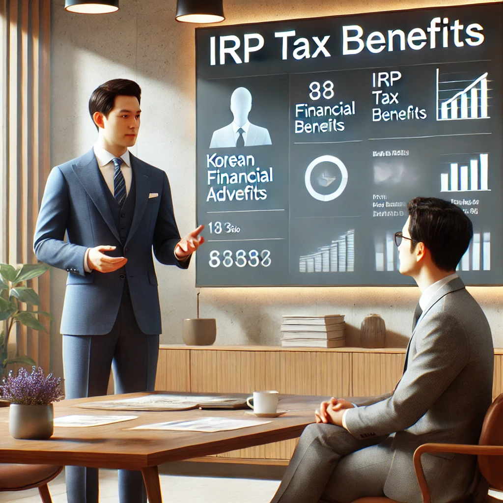 정장을 입은 금융 상담사가 현대적인 사무실에서 고객에게 IRP 세제 혜택을 설명하는 모습. 벽에는 차트가 걸려 있고 협력적인 대화가 진행 중