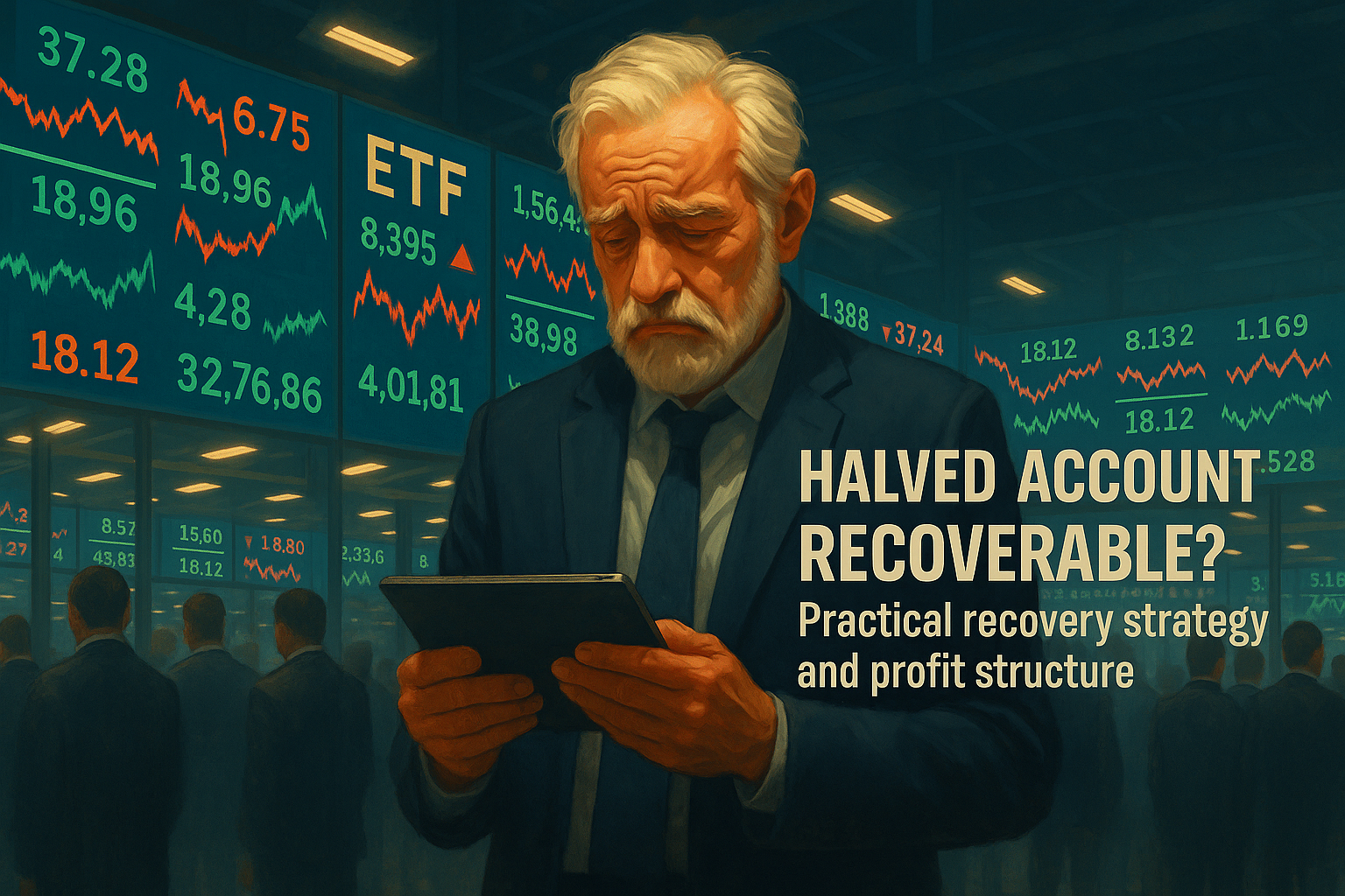 주식 시장 폭락으로 손실을 입은 투자자가 손에 태블릿을 들고 고민하는 모습