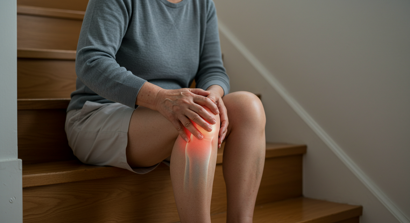 무릅 관절 통증으로 계단에 앉아 고통스러워 하는 노년