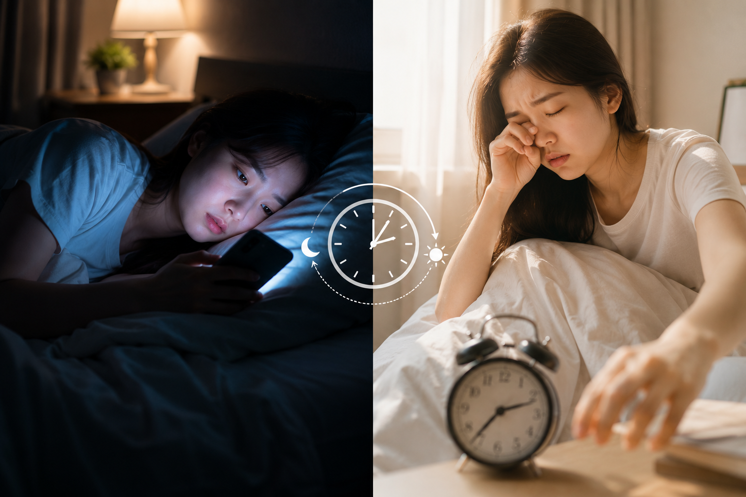 수면 부족과 생활습관이 생리 전 피곤함에 영향을 주는 장면