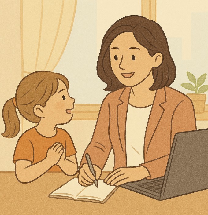 아이와 대화를 나누는 워킹맘 사진