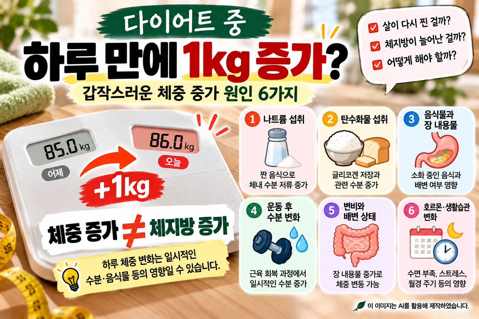 다이어트 중 하루 만에 체중이 1kg 증가하는 원인 6가지와 나트륨, 탄수화물, 수분 저류 등 체중 변화와 체지방 증가의 차이를 설명하는 이미지