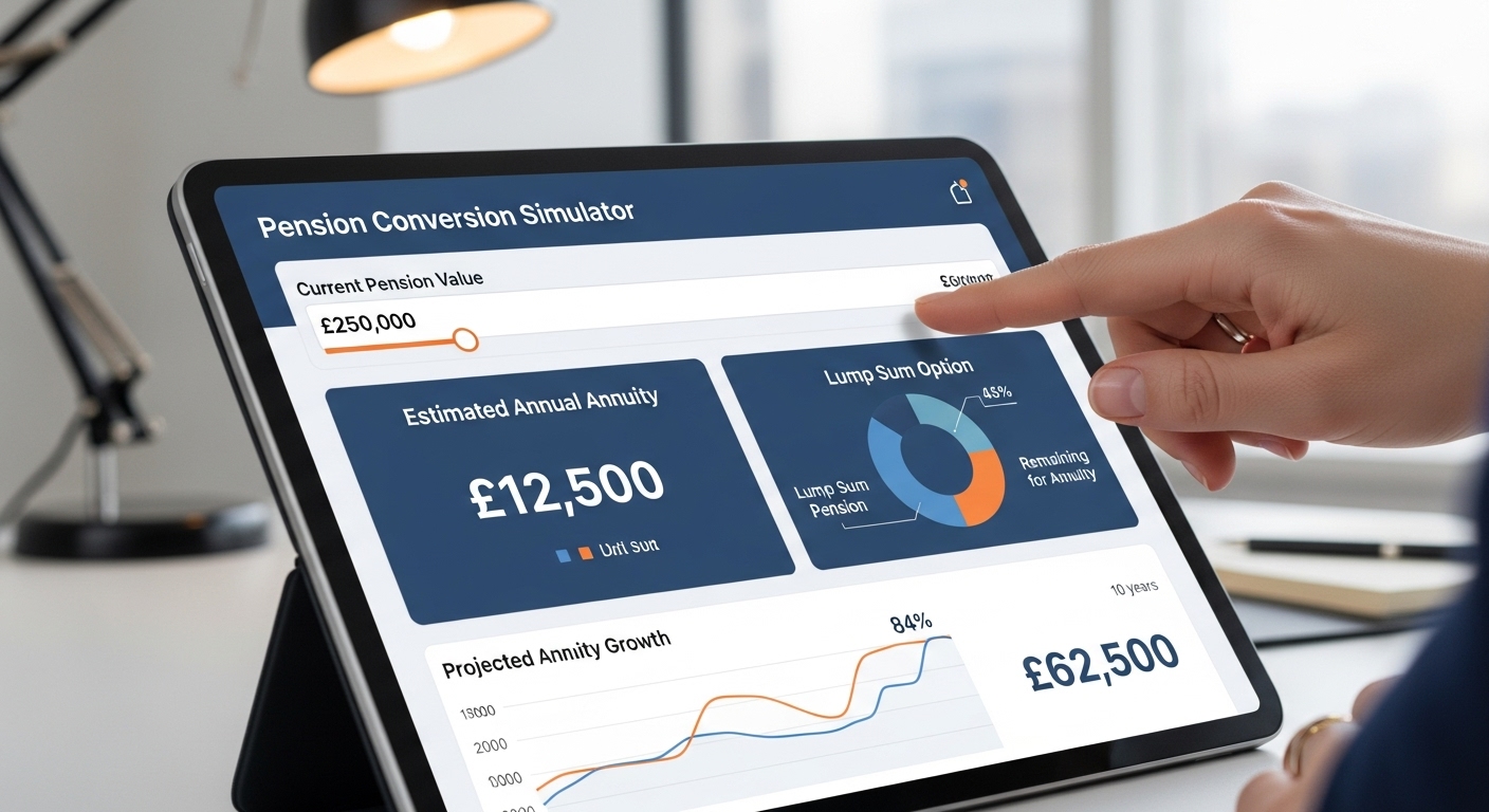 사용자가 태블릿 화면에서 사망보험금 연금 전환 시뮬레이션 도구를 활용하여 예상 연금액을 확인하는 모습.