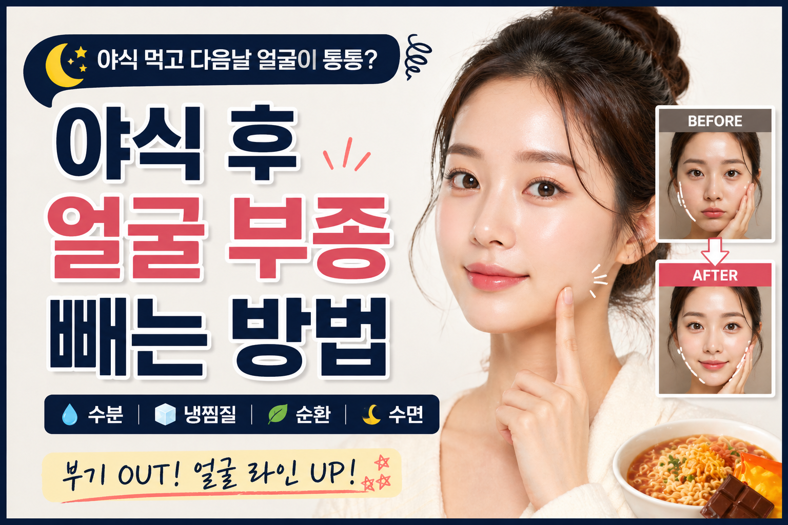 야식 후 부기 (림프 마사지, 항산화 팩, 냉수 세안)
