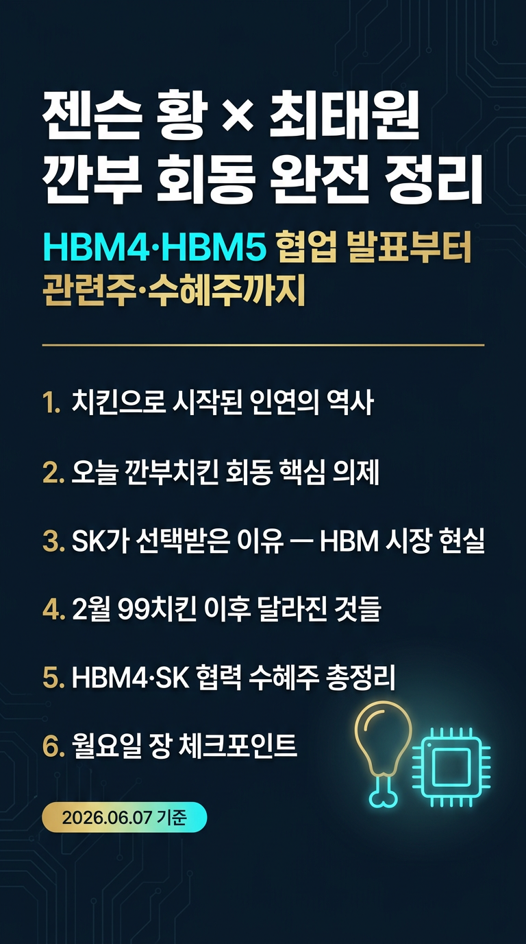 젠슨 황, 최태원 치맥 회동, SK 깐부치킨 회동, 하이닉스 협업 발표 내용, HMB4, LPDDR5X, 관련주, 수혜주, 월요일 주식 시세 총정리