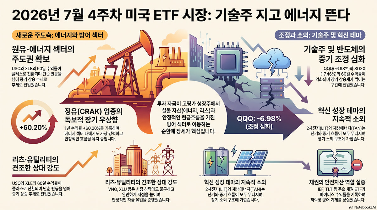 원유&middot;에너지가 기술주 빈자리를 채웠다｜2026년 7월 4주차 미국 ETF 섹터 분석