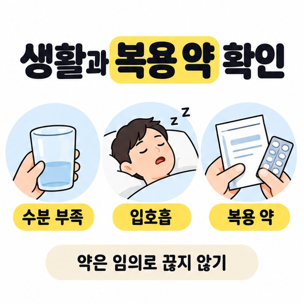 수분 부족, 입호흡, 복용 약을 물컵과 잠자는 사람, 약을 살피는 손으로 보여 주고 약을 임의로 끊지 말라고 안내하는 그림