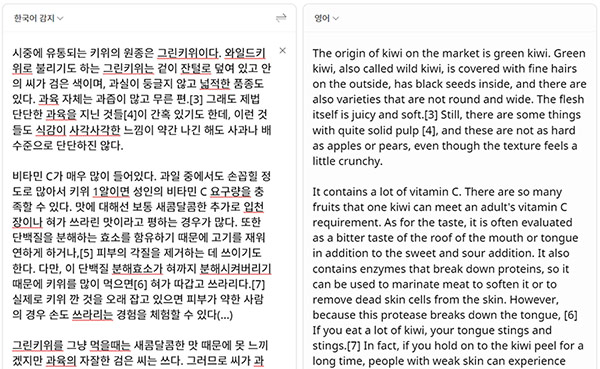 파파고 번역기에서 키위에 대한 글을 번역한 이미지