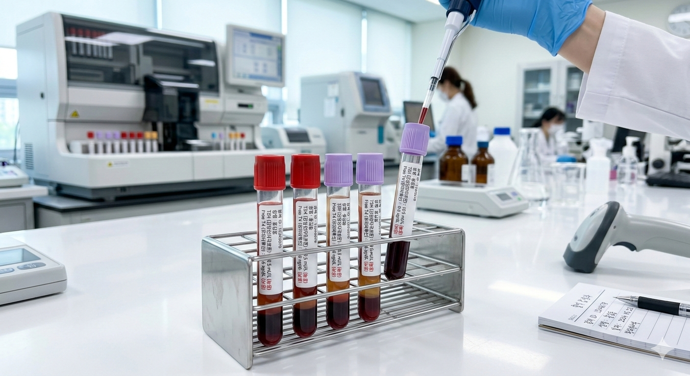 갑상선기능저하증 진단을 위한 TSH 및 FREE T4수치 확인용 혈액 검사샘플과 진단 분석 과정