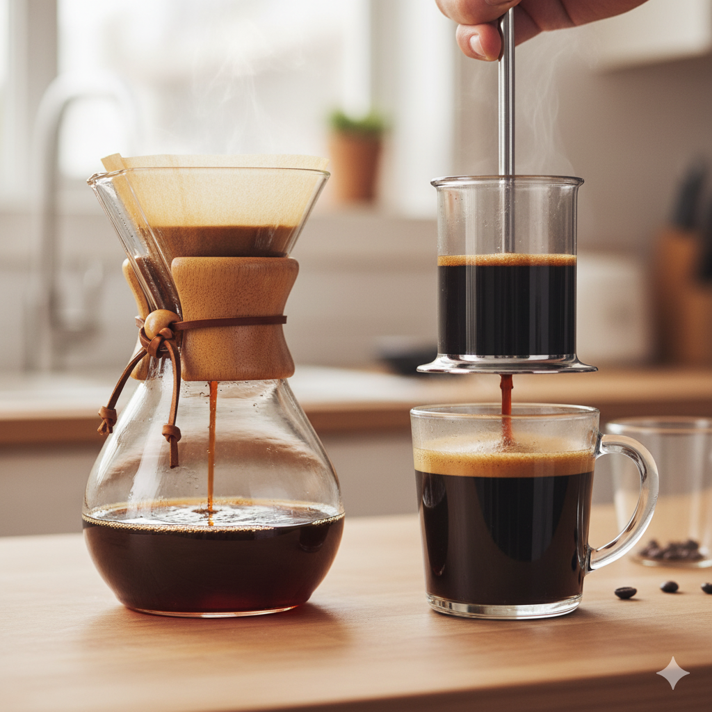 케멕스와 에어로프레스를 나란히 놓고 커피를 추출하는 모습, 각각의 커피 색과 질감 비교(이미지 생성:google)