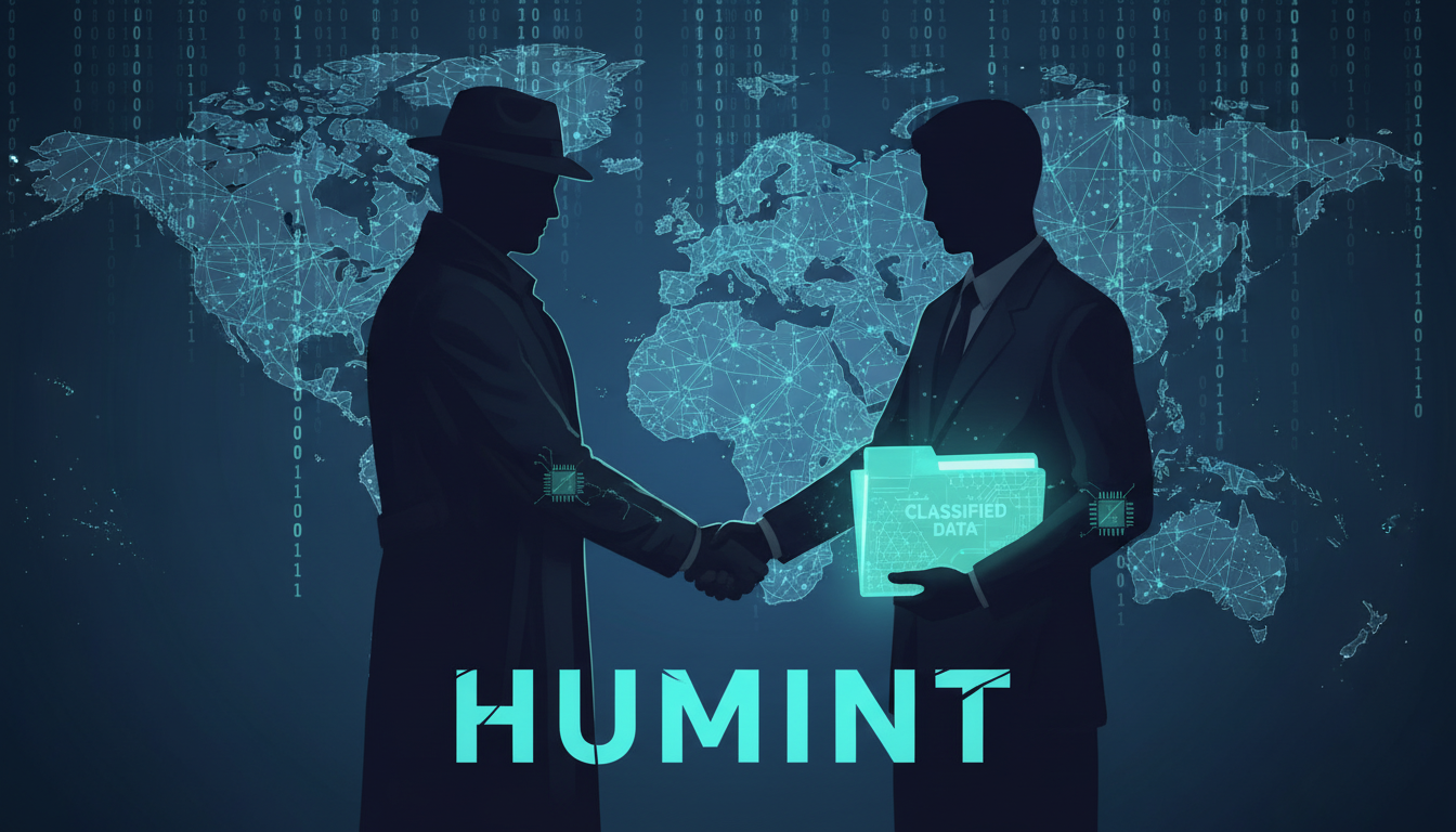 어두운 배경 속에서 기밀 데이터를 주고받는 첩보 요원의 실루엣과 디지털 세계지도 배경