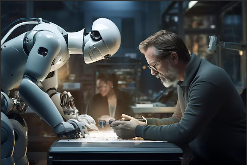 이미지 출처: AI 생성 이미지(콘텐츠 이해를 돕기 위한 시각 자료. 실제 인물을 특정하지 않은 AI 생성 이미지)AI로봇과 함께 즐겁게 공부하는 중장년층의 모습