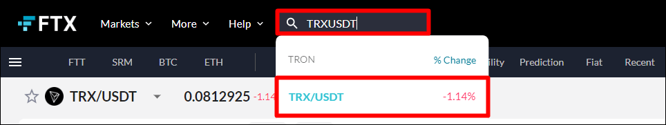 FTX에서 TRX/USDT 마켓 들어가는법을 나타내는 사진