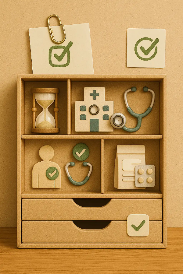 암보험 가입 전 고려사항을 종이 서랍에 정리한 실용적 일러스트