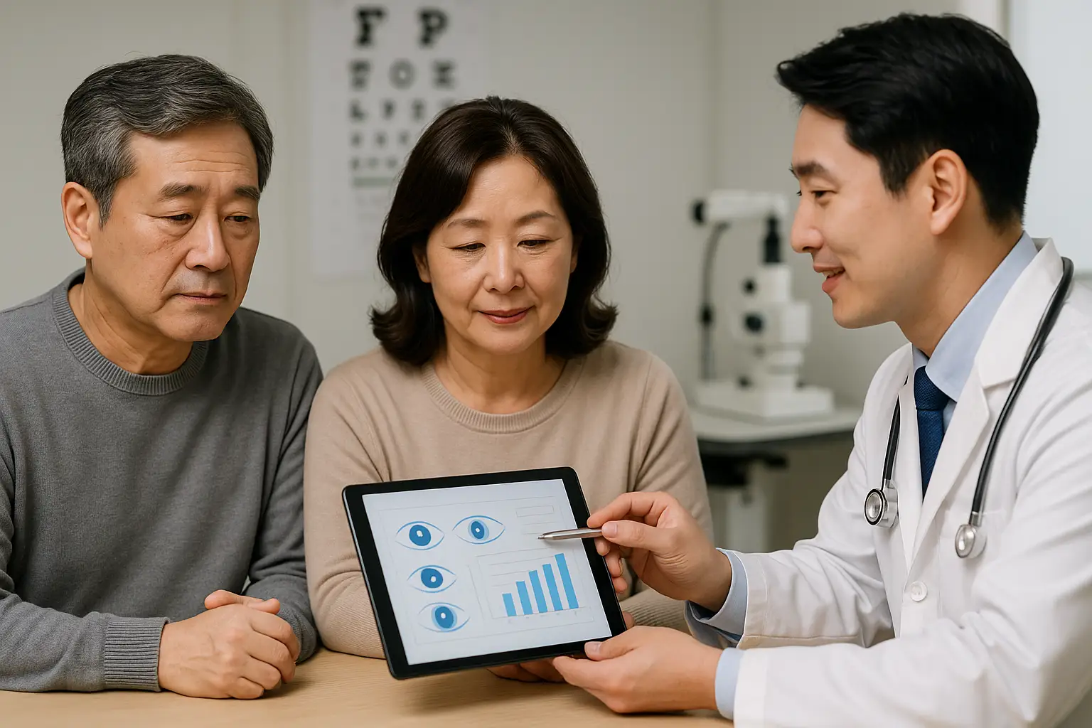 50대 한국인 남성과 폐경기 여성, 눈 주변에 가벼운 주름, 병원 진료실에서 의사가 차트를 보며 설명하는 장면