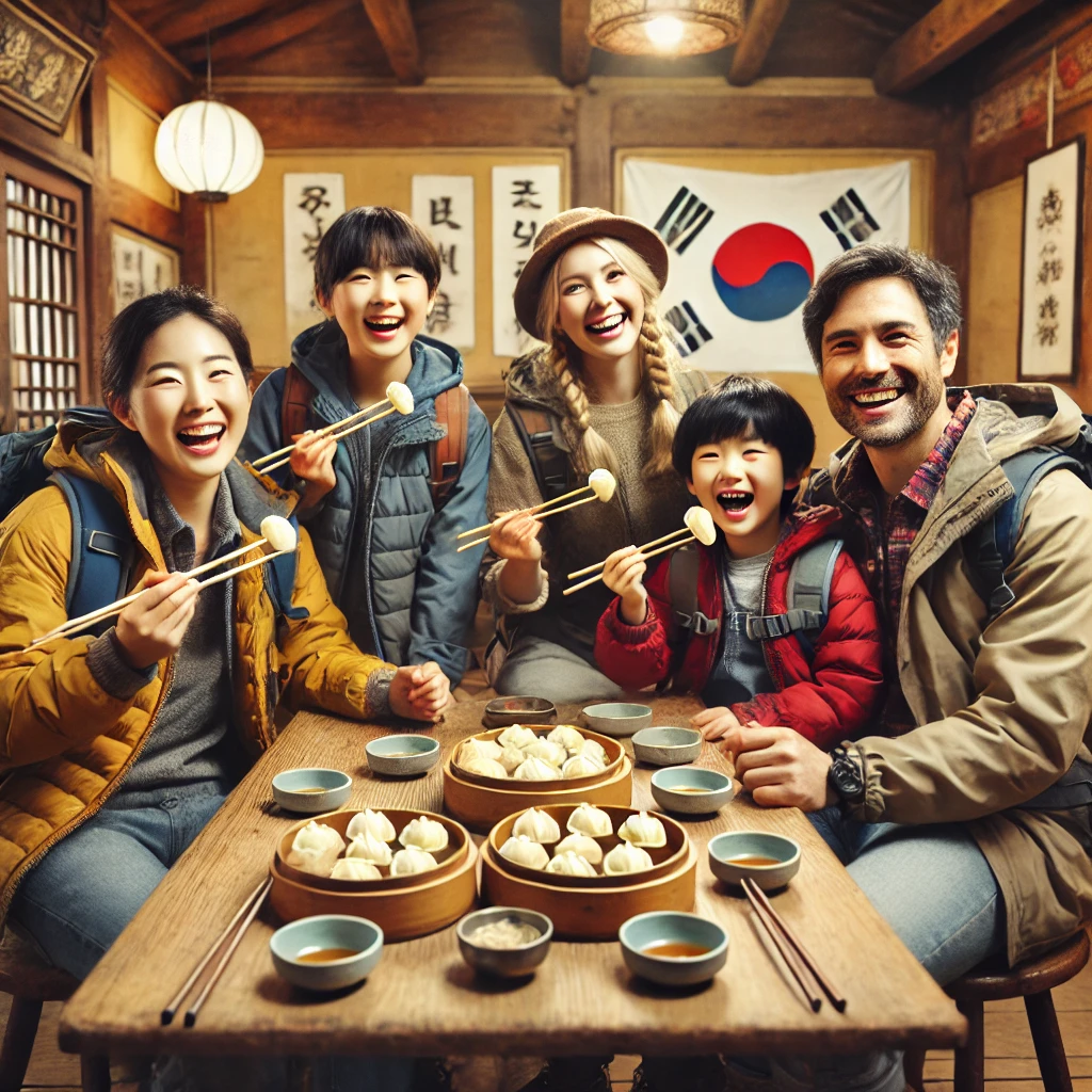 캠핑 후 만두를 먹는 사람들 이미지
