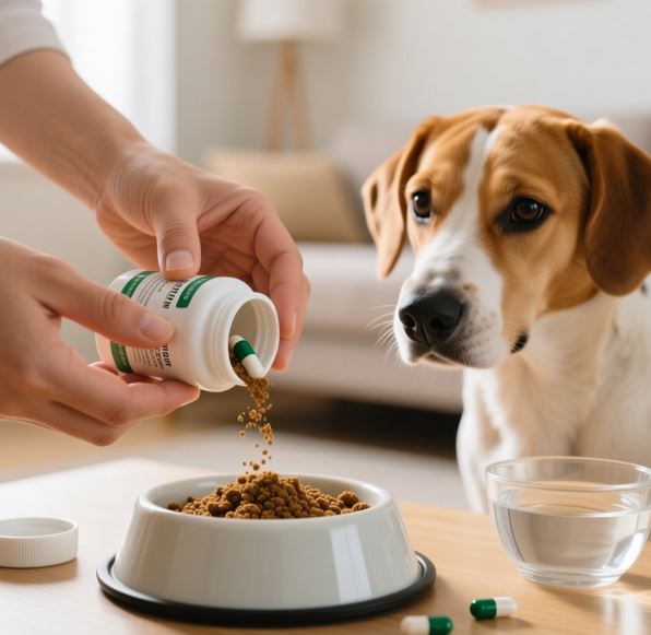 강아지 사료에 약을 타주는 모습