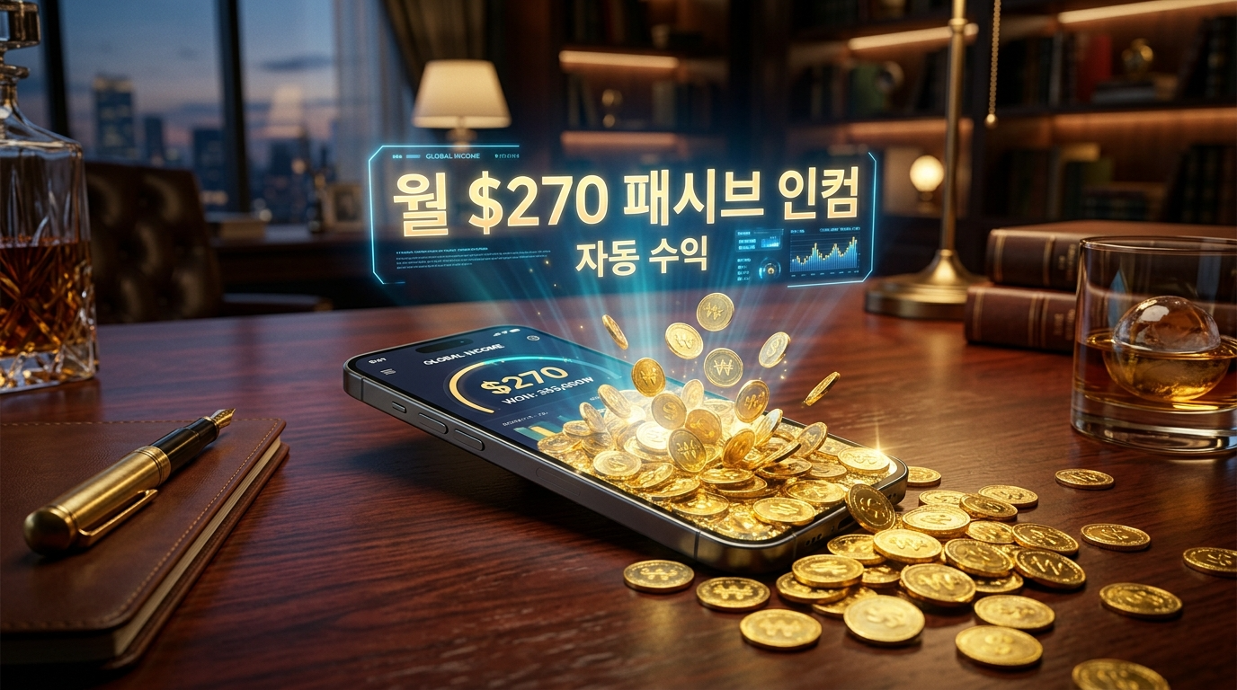 스마트폰 화면에 쏟아지는 금동전들과 '월 27만원 제2의 월급'이라는 문구가 박힌 화려한 그래픽