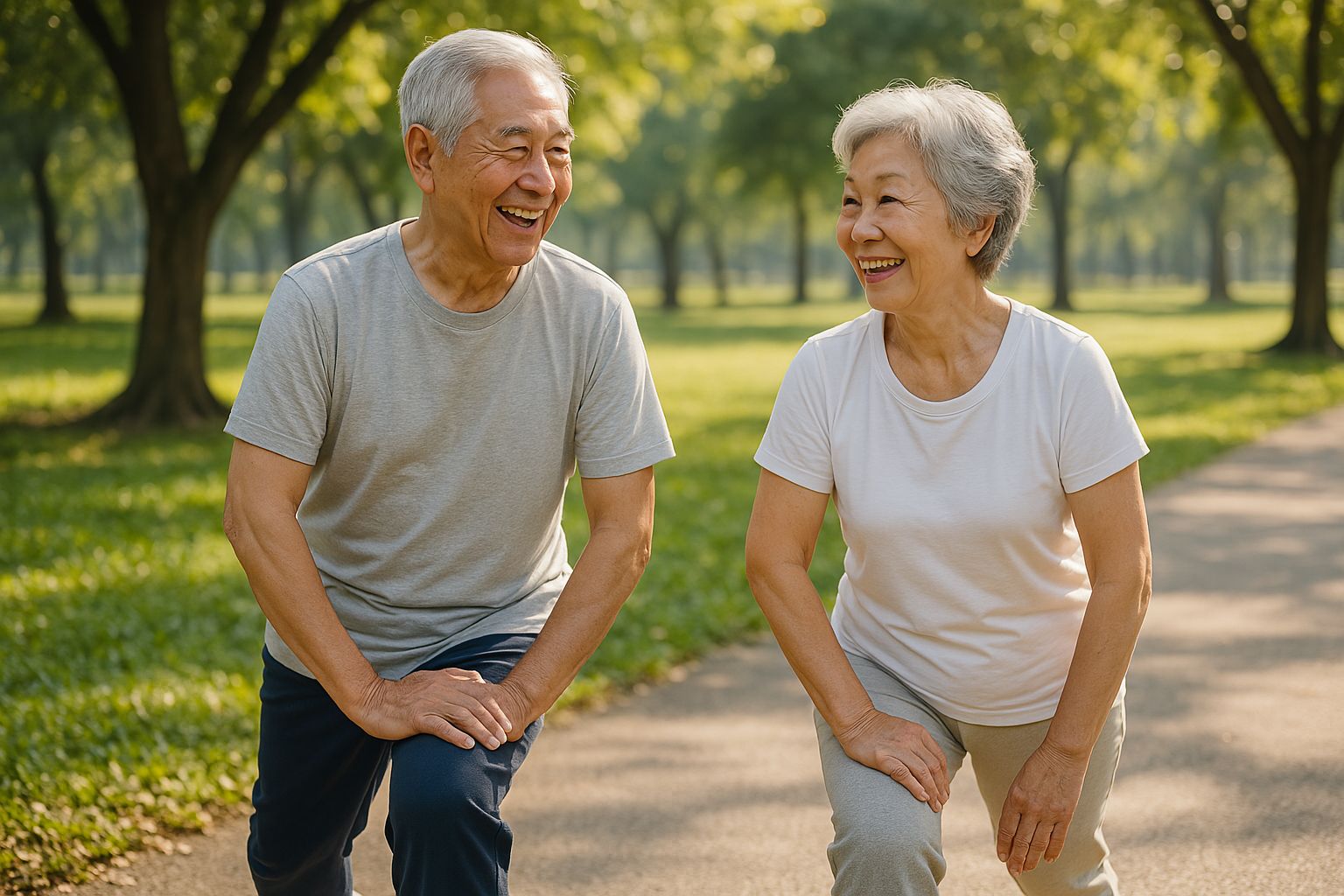 공원에서 가벼운 운동을 함께 하는 70대 건강한 노부부. 편안한 운동복을 입고 스트레칭이나 걷기 운동을 하며 좋은 근력과 활동성을 보여주고 있다.