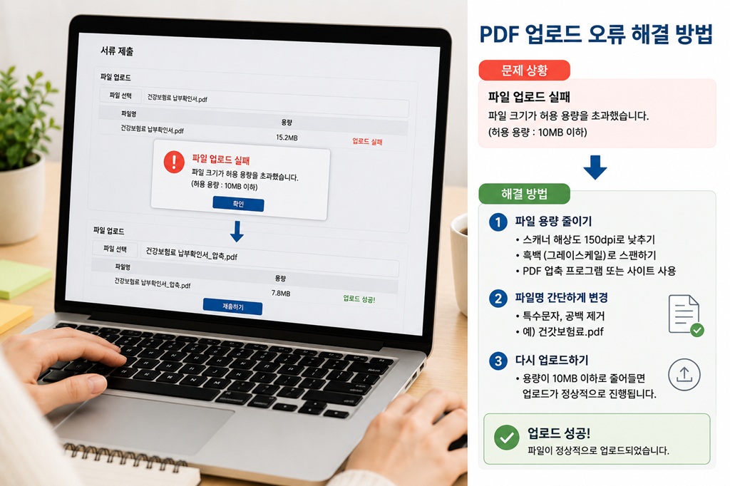 PDF 파일 업로드 오류를 해결하기 위해 파일명을 수정하는 모습