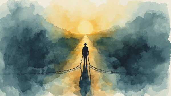자유롭게 나아가고 싶지만, 사회적 책임과 경제적 압박은 그들을 제한합니다. 원하는 길을 따라가려는 의지와 현실적 의무 사이의 괴리는 상실과 답답함으로 이어집니다에 관한 그림