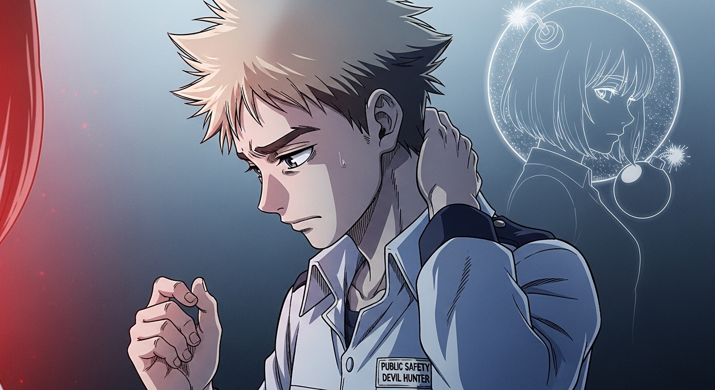 고민하는 덴지와 멀리 보이는 레제의 흔적, 마키마의 영향력을 암시하며 2기 스토리의 감정선을 예고하는 이미지.