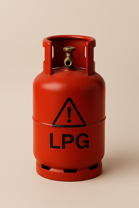 경고 표식이 있는 빨간색 가정용 LPG 가스통 클로즈업