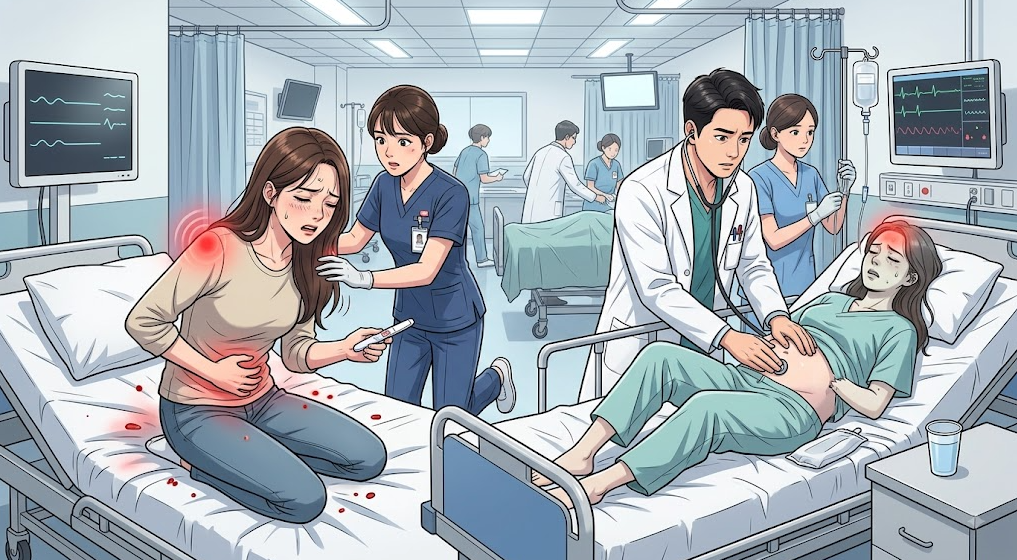 자궁외임신 파열 및 중증 골반염 등 즉각적인 진료가 필요한 응급상황 일러스트