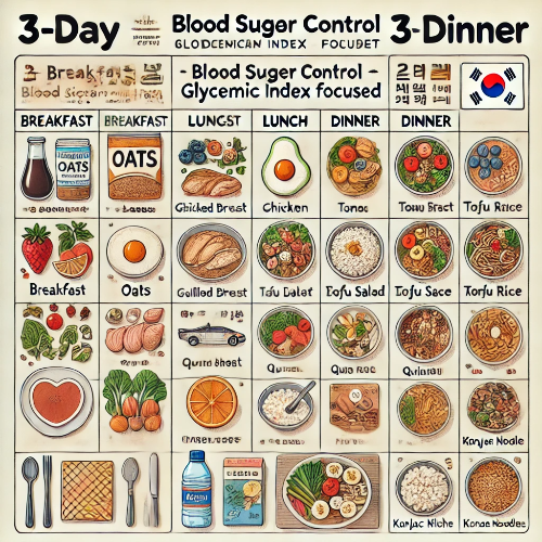 혈당 다이어트 식단표 (3일 예시, 아침 점심 저녁)관련 사진