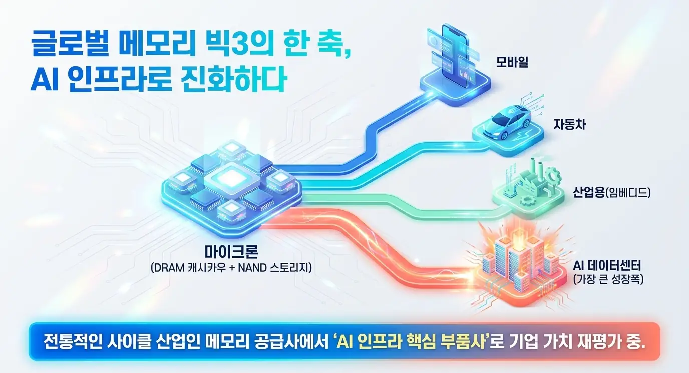 마이크론 주가전망: 마이크론이 글로벌 메모리 빅3의 한 축으로서 DRAM&middot;NAND를 모바일&middot;자동차&middot;산업용&middot;AI 데이터센터에 공급하는 구조를 흐름도로 표현한 이미지. 메모리 공급사에서 AI 인프라 핵심 부품사로 재평가되는 과정을 시각화하며&amp;#44; 마이크론 사업 구조 섹션을 설명함 