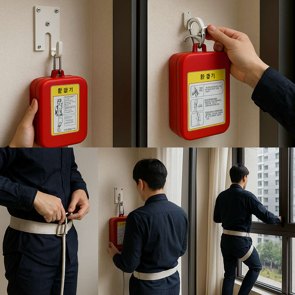 완강기 고리에 걸기, 지지대 창밖으로 밀기, 줄 투하, 벨트 착용, 창가에서 하강 시작까지 5단계를 연속으로 보여주는 사진