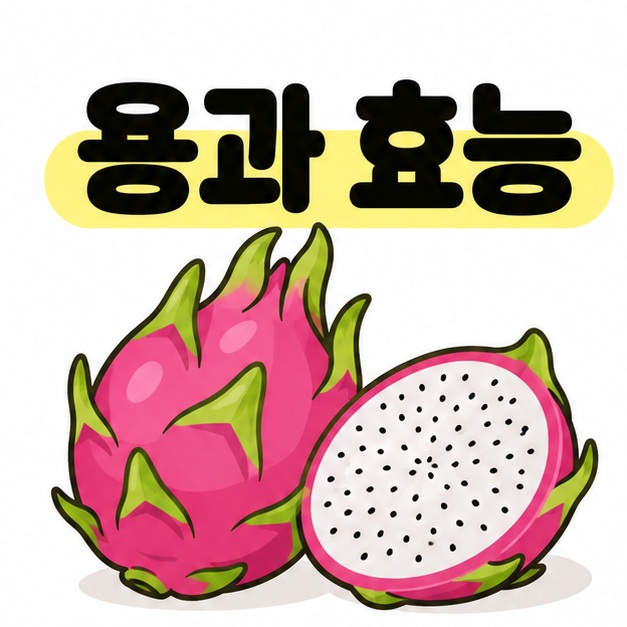 용과 효능이라는 제목 아래 분홍 껍질과 녹색 비늘의 용과, 검은 씨가 있는 흰 과육의 단면을 그린 대표 이미지