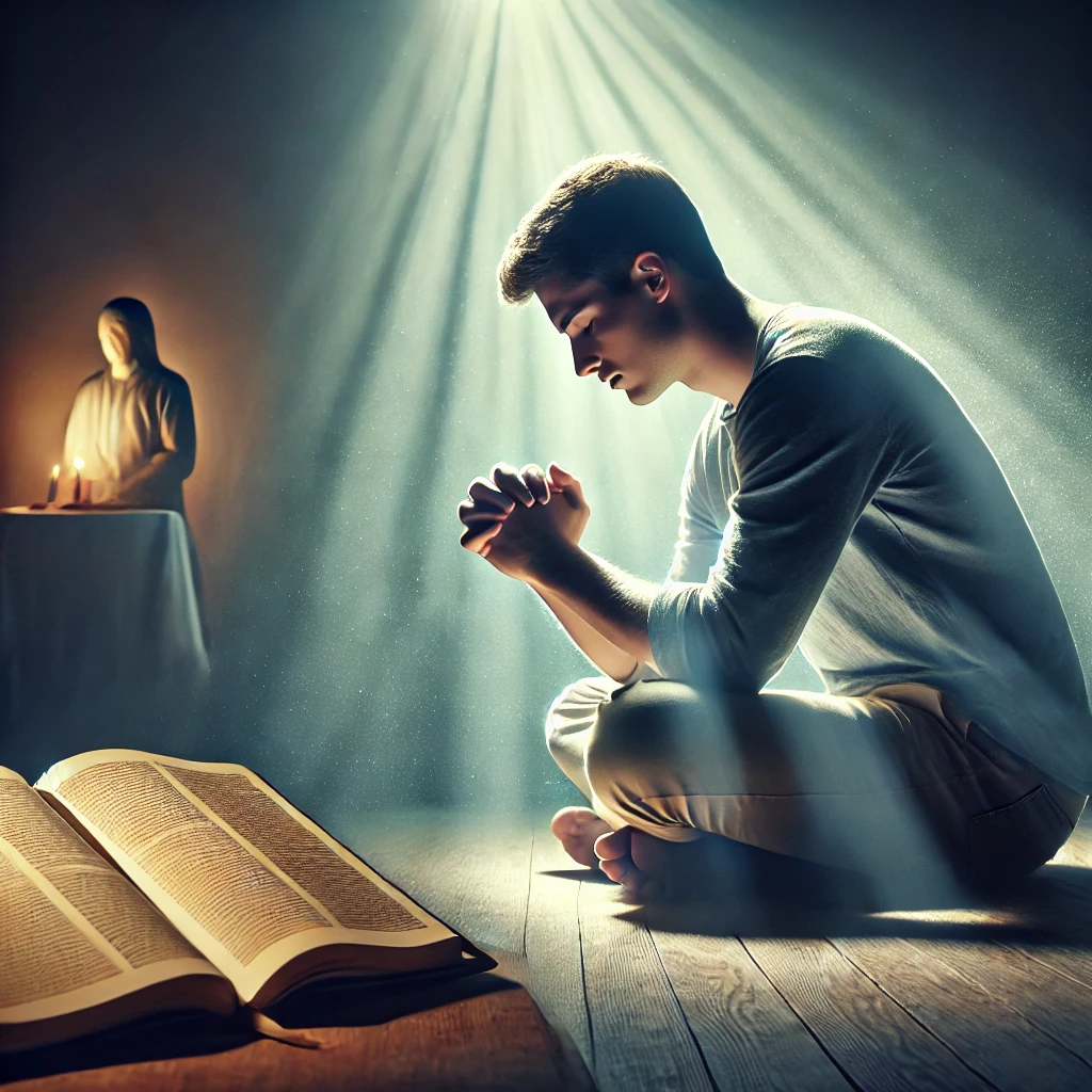 기도를 통해 하나님 아버지의 능력을 의지하는 모습을 담은 이미지입니다. 이 장면이 하나님의 부르심에 따라 믿음으로 살아가며 선한 일을 이루기 위한 기도를 묵상하는 데 도움이 되길 바랍니다.