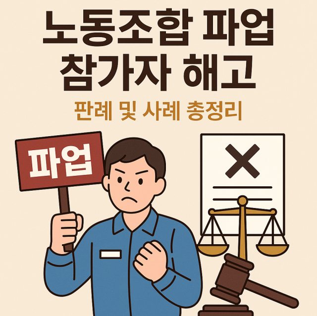 노동조합 파업 참가자 해고와 관련된 판례 및 사례를 정리한 대표 이미지로, 파업 참여와 법적 판단을 상징적으로 표현