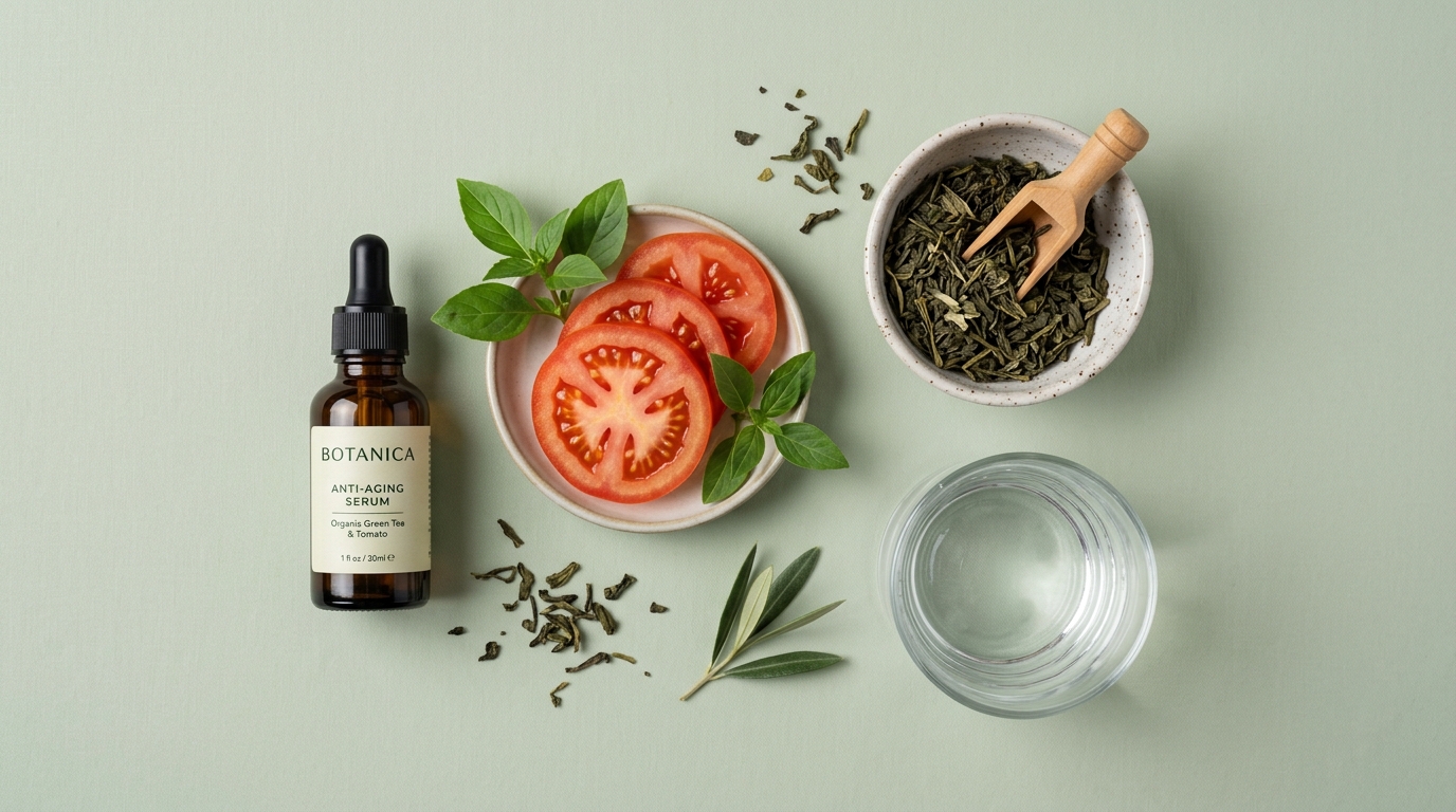 A serene and professional flat lay scene featuring organic anti-aging skincare bottles on a light sage green background. Elements include a brown amber dropper bottle, a fresh sliced tomato, rich green tea leaves, and a neat glass of pure water. The atmosphere is clean, bright, and harmonious, reflecting nature and science, soft studio lighting
