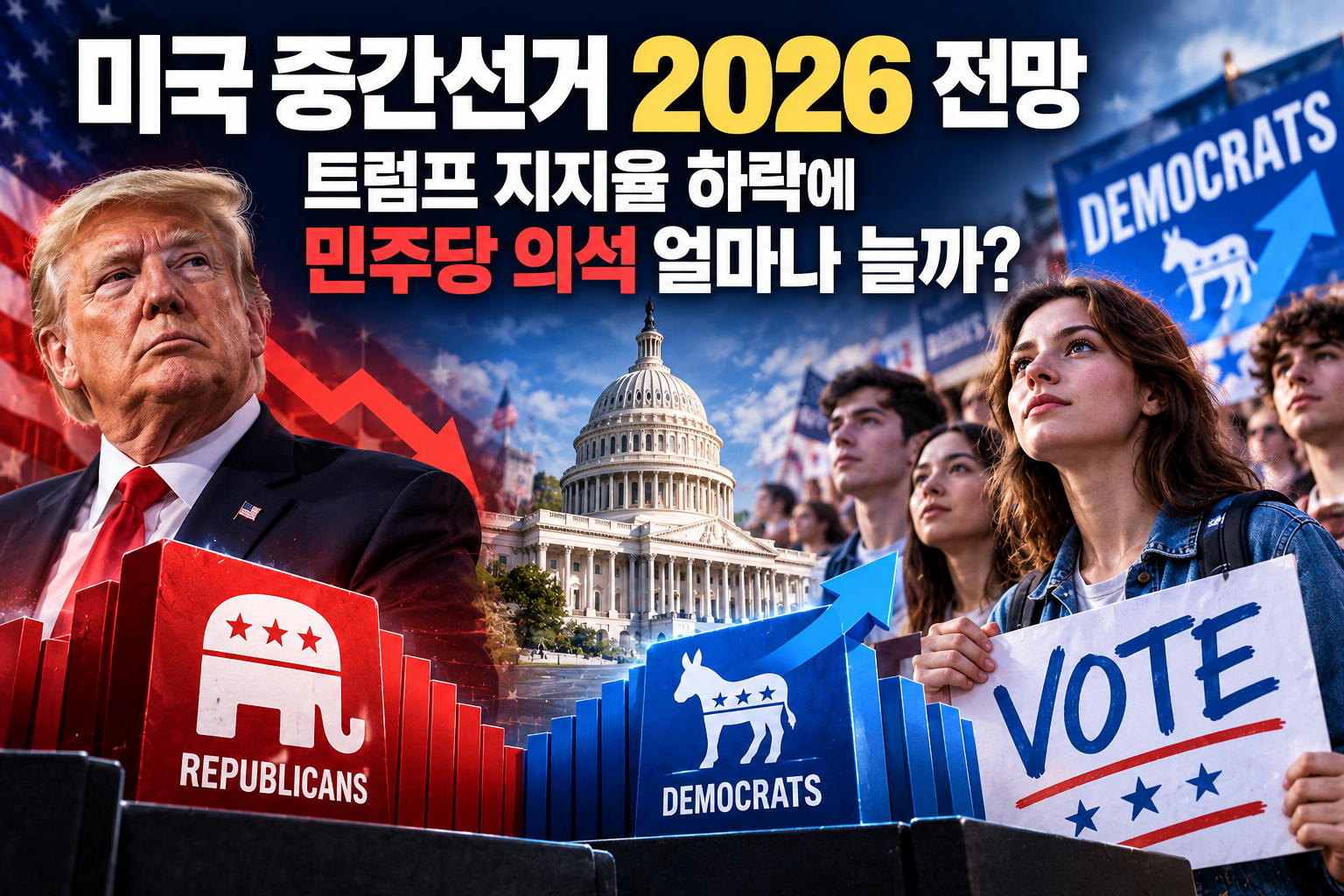 2026 미국 중간선거 전망, 트럼프 지지율 하락과 미국 20대 표심 변화, 민주당&middot;공화당 하원 의석 경쟁을 표현한 이미지