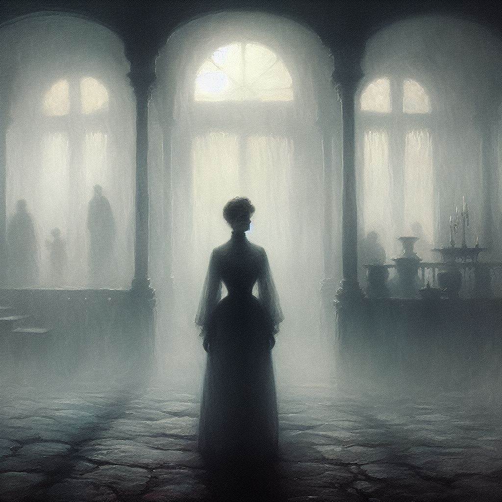 헤르만 헤세의 소설 '안개 속에서'의 장면 중 잿빛 안개 속에 중년 여성의 실루엣이 보이는 그림