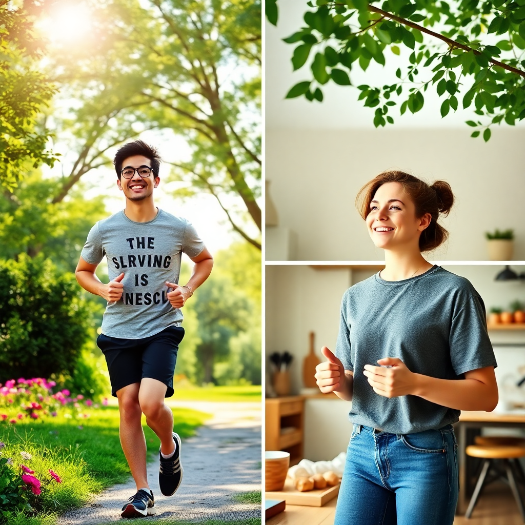 주말에 집 근처 공원에서 조깅을 하거나, 집에서 취미 활동(요리, 그림 그리기 등)을 하며 즐거워하는 젊은 공무원. 몸과 마음의 에너지를 충전하는 듯한 평화로운 분위기.