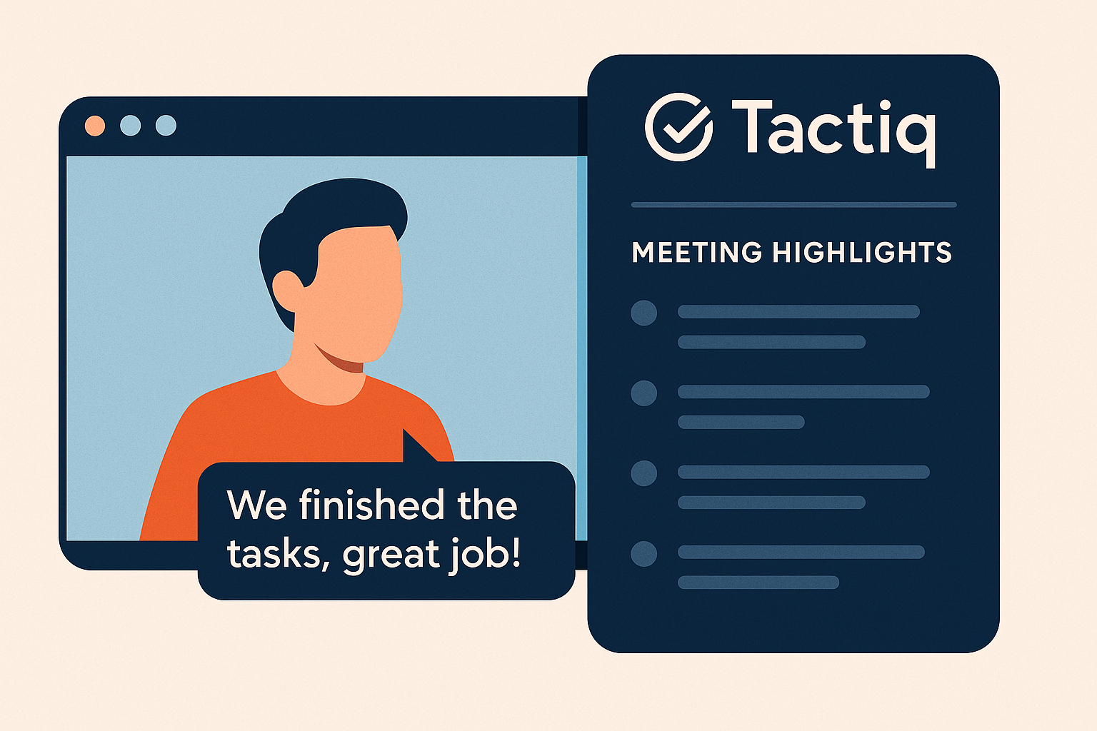 AI 도구 Tactiq가 화상회의 중 실시간으로 참가자의 발언을 자막으로 보여주고, 회의 요점을 자동 정리하는 장면을 표현한 일러스트