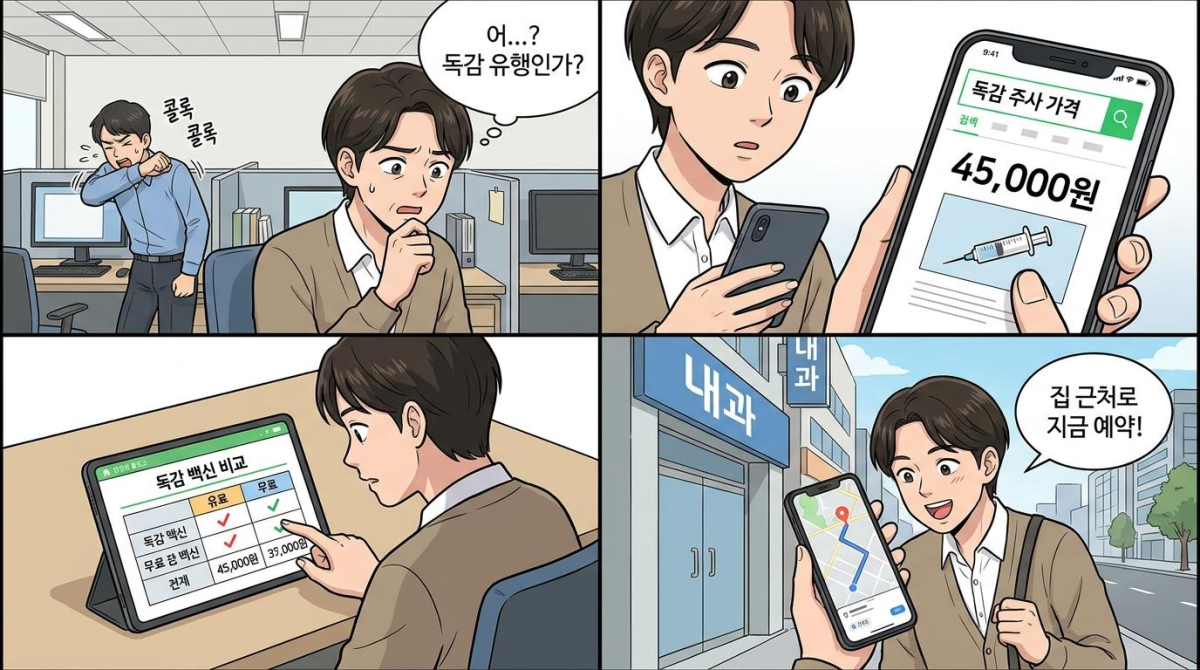 독감 주사 유료와 무료 사이의 분석 만화 1~4컷