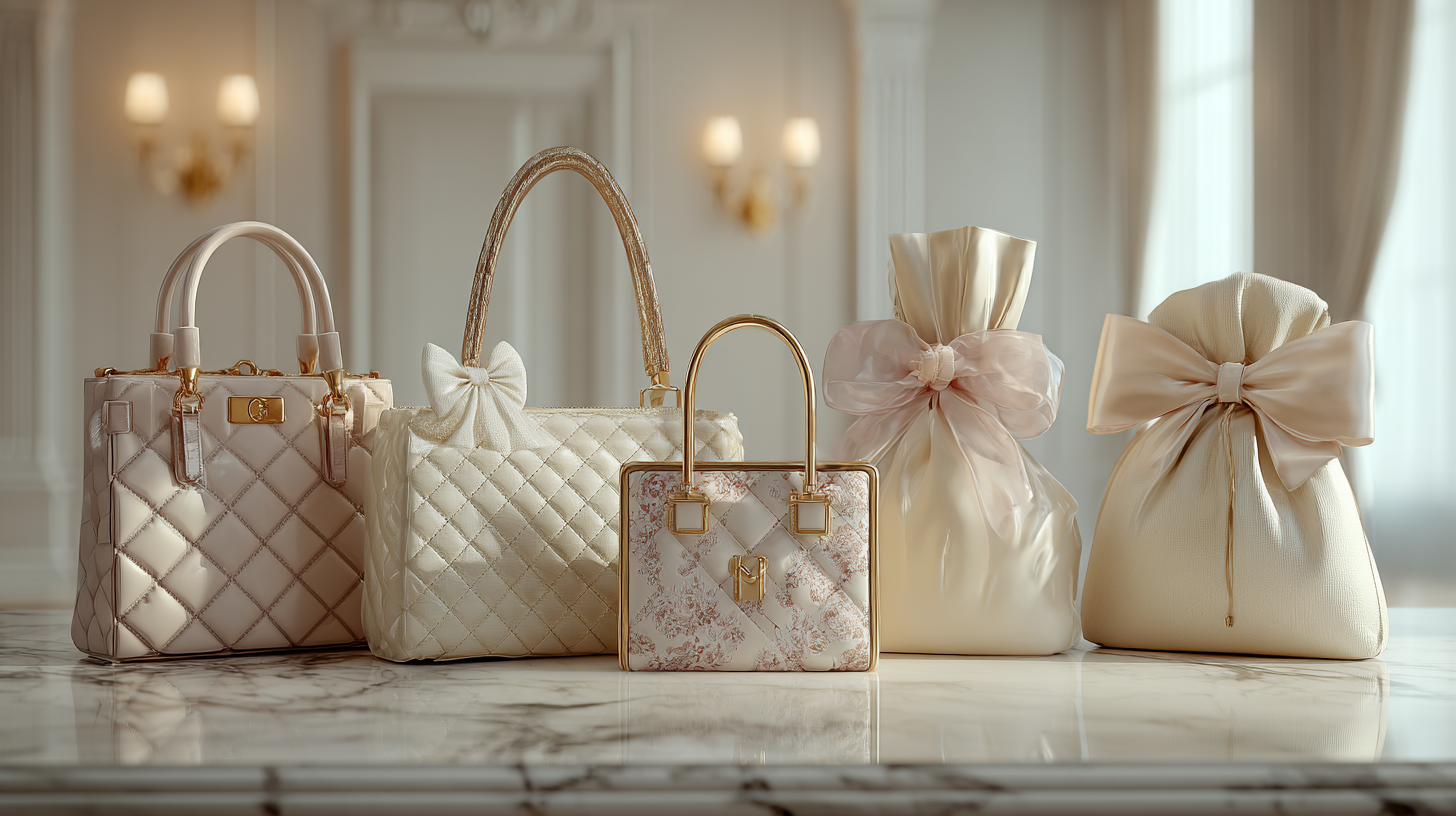 AI로 생성한 2025년 최신 예물백 트렌드 컨셉 이미지 – 파스텔 배경 위 다양한 스타일의 럭셔리 핸드백 디스플레이