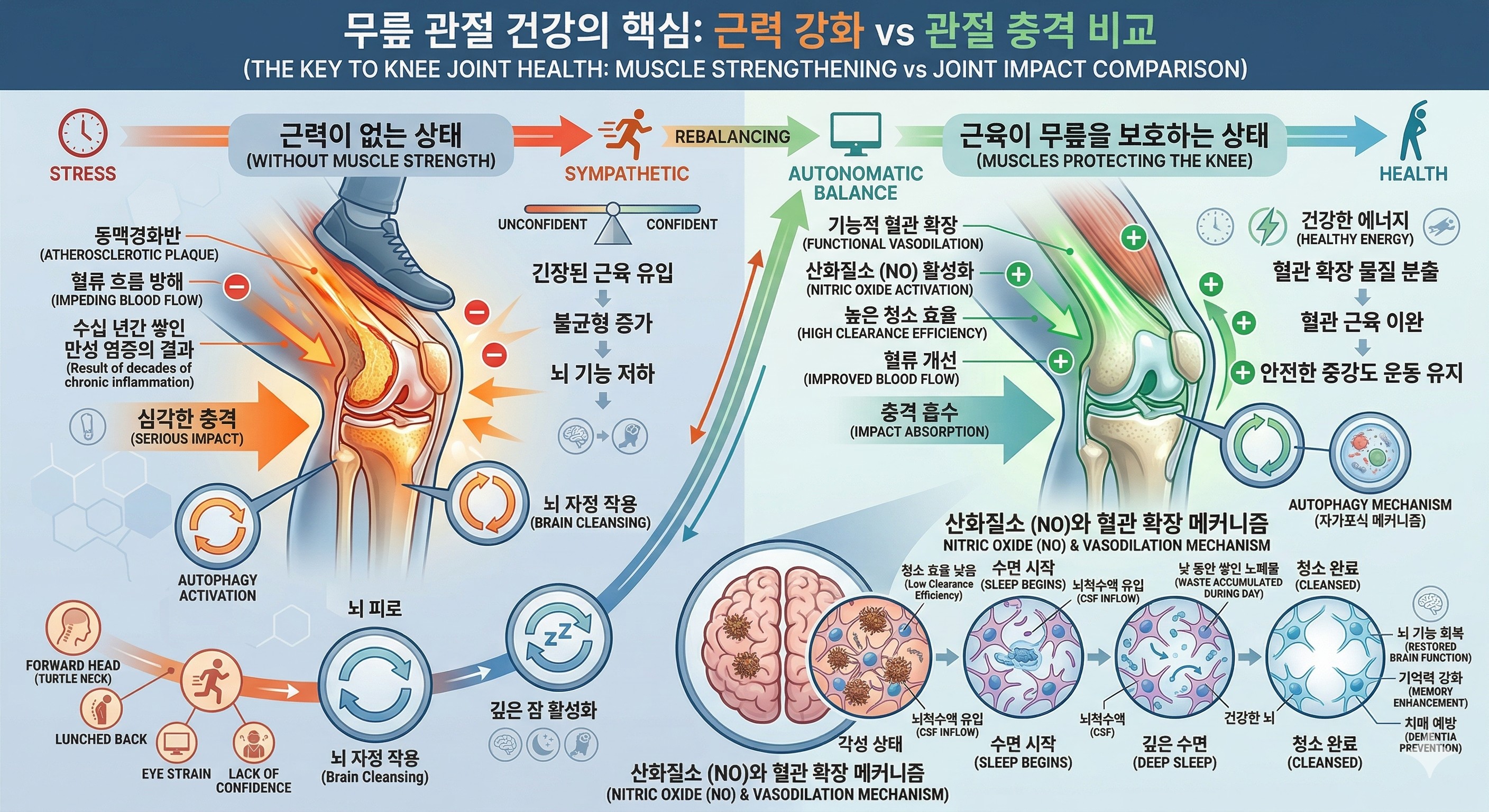 본문에서 설명하신 '대퇴사두근과 둔근'의 중요성을 시각화한 이미지입니다. 근력이 없는 상태에서 걷는 것(관절 충격)과 근육이 무릎을 보호하며 걷는 것의 차이를 보여주어, 왜 근력 운동이 병행되어야 하는지 강조하기 위한 이미지
이미지 출처:Gemini AI 생성